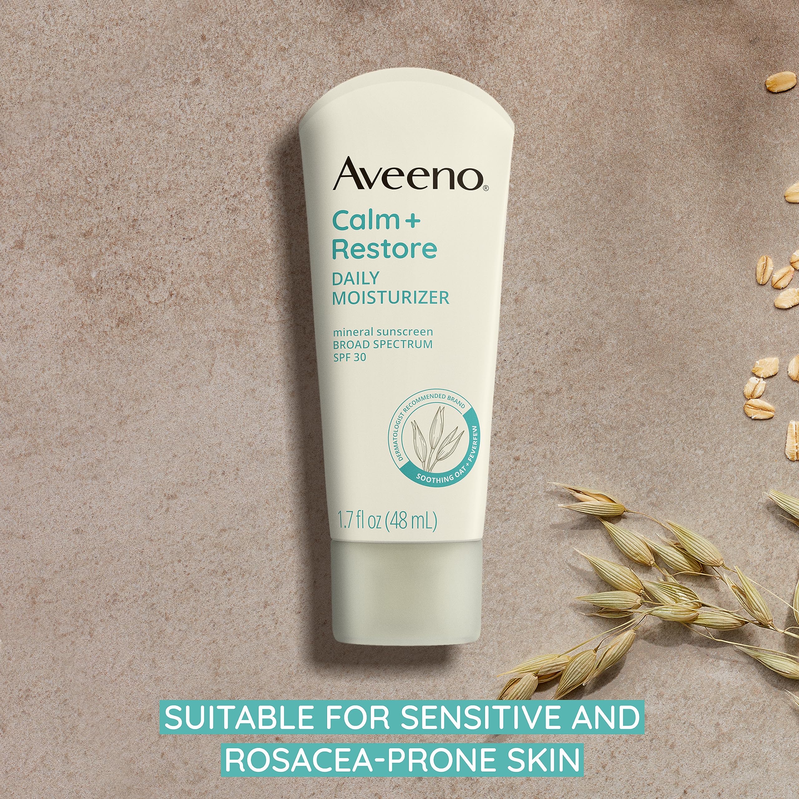 Aveeno next to credit card showing 1.7 fl oz travel-friendly size convenience