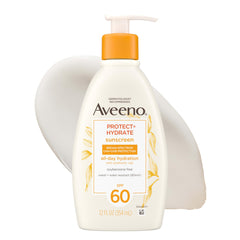 Aveeno front view pump bottle showing SPF 60 protection and easy dispensing