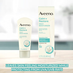 Aveeno tube top close-up showing ingredient label and benefit of clear mineral filters