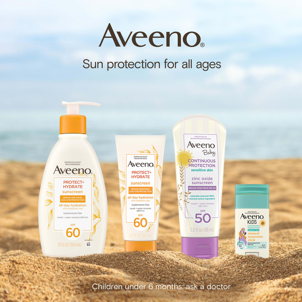 Aveeno lotion with water splash indicating up to 80 minutes water resistance