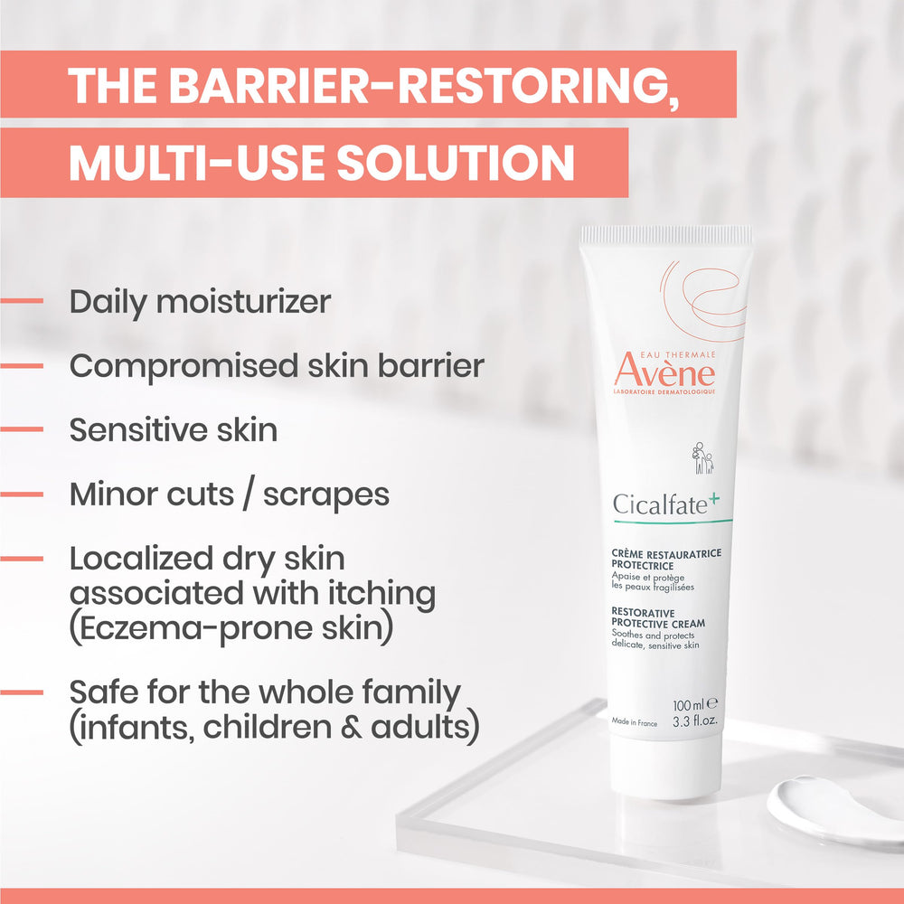 Applying Avène Cicalfate+ to cheek to show gentle facial use and soothing comfort