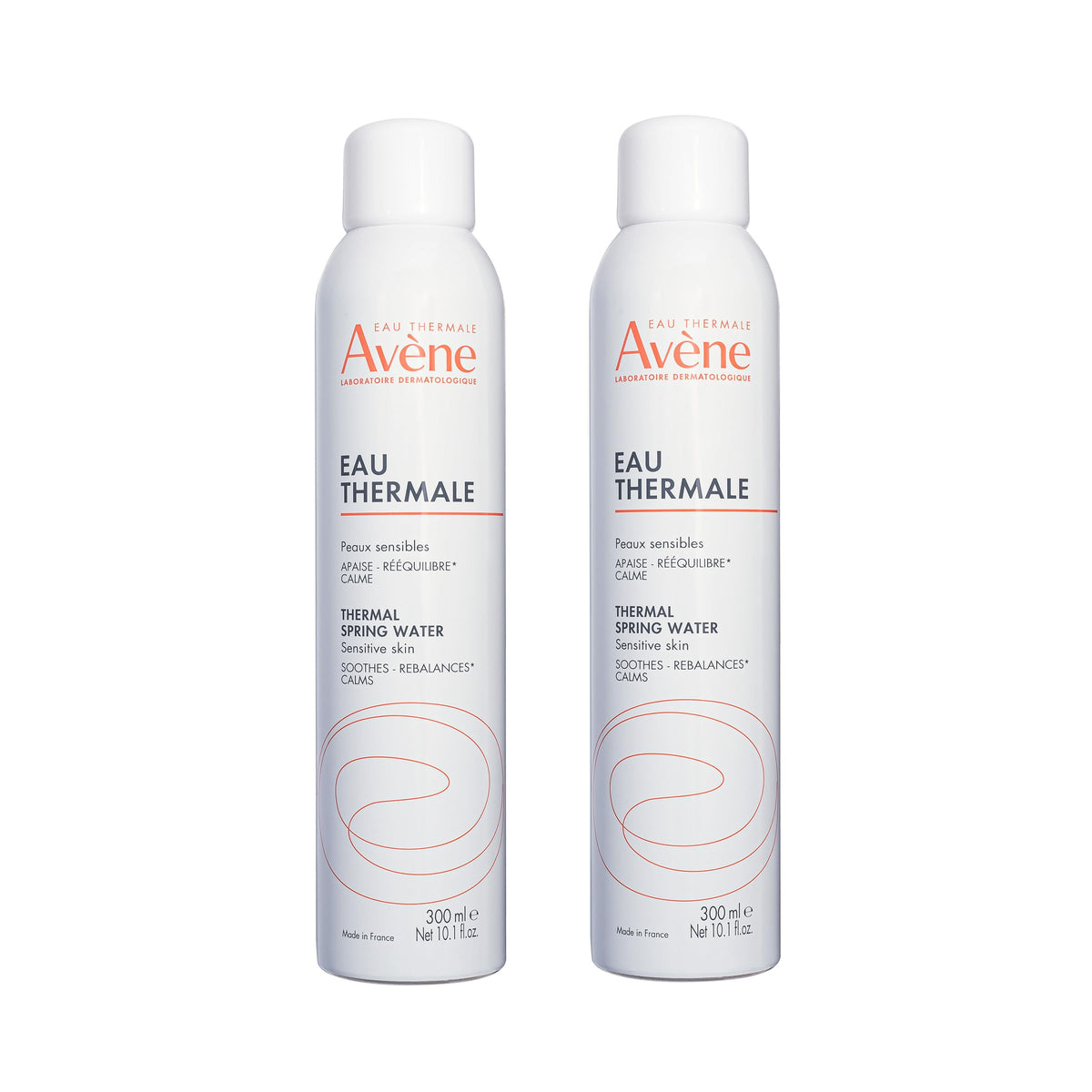 Eau Thermale Avène front packaging showing dual cans and branding benefit soothing