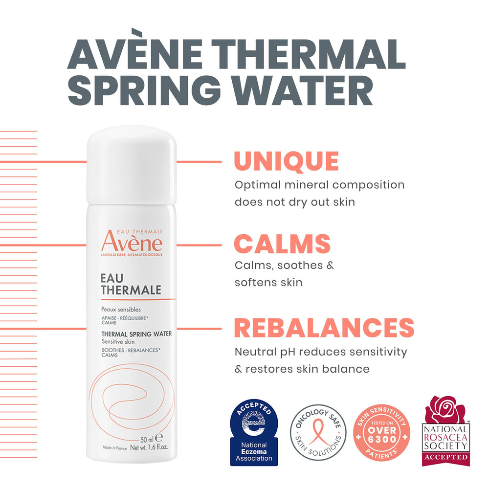 Avène mist close-up demonstrating fine spray and instant cooling benefit