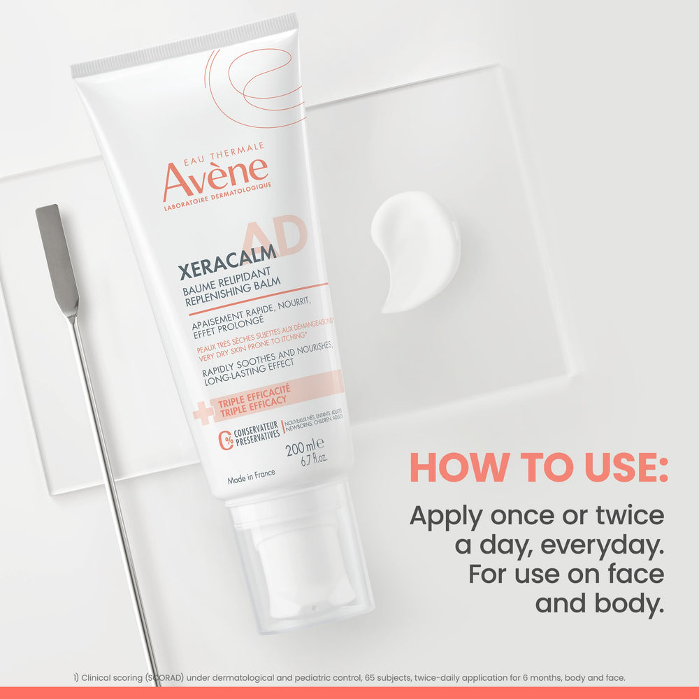 Eau Thermale Avène balm on bathroom shelf implying daily skincare routine support