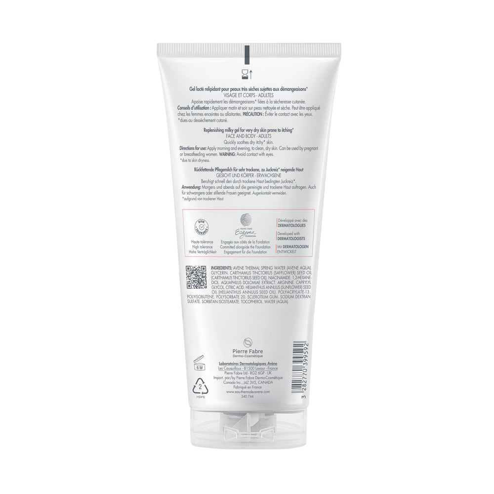 Eau Thermale Avène milky gel on bathroom shelf in lifestyle setting for daily routine