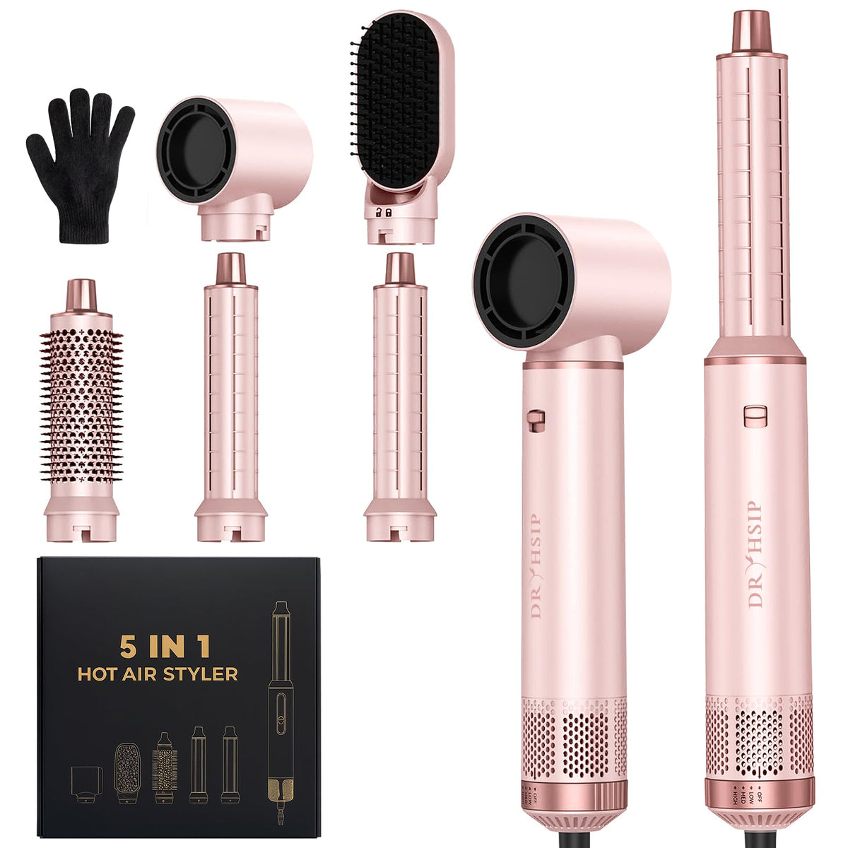 AVENHO front view of 5-in-1 styler showing handle and attachment port, versatile styling
