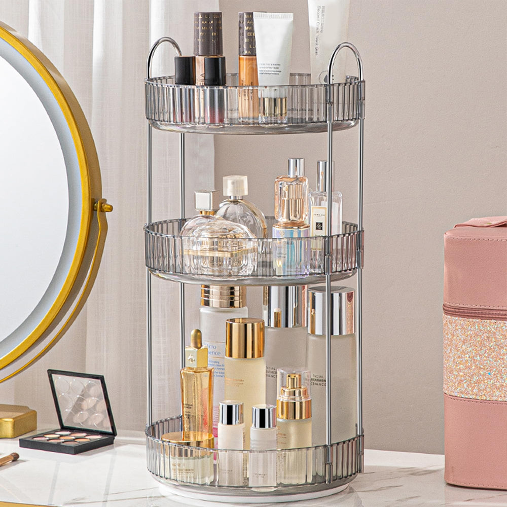 Aveniee front view of clear rotating organizer showing neat storage benefit