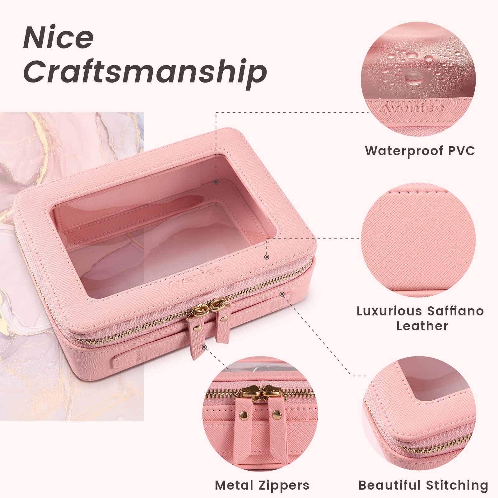 Aveniee pouch open in travel toiletry setting demonstrating TSA-friendly layout