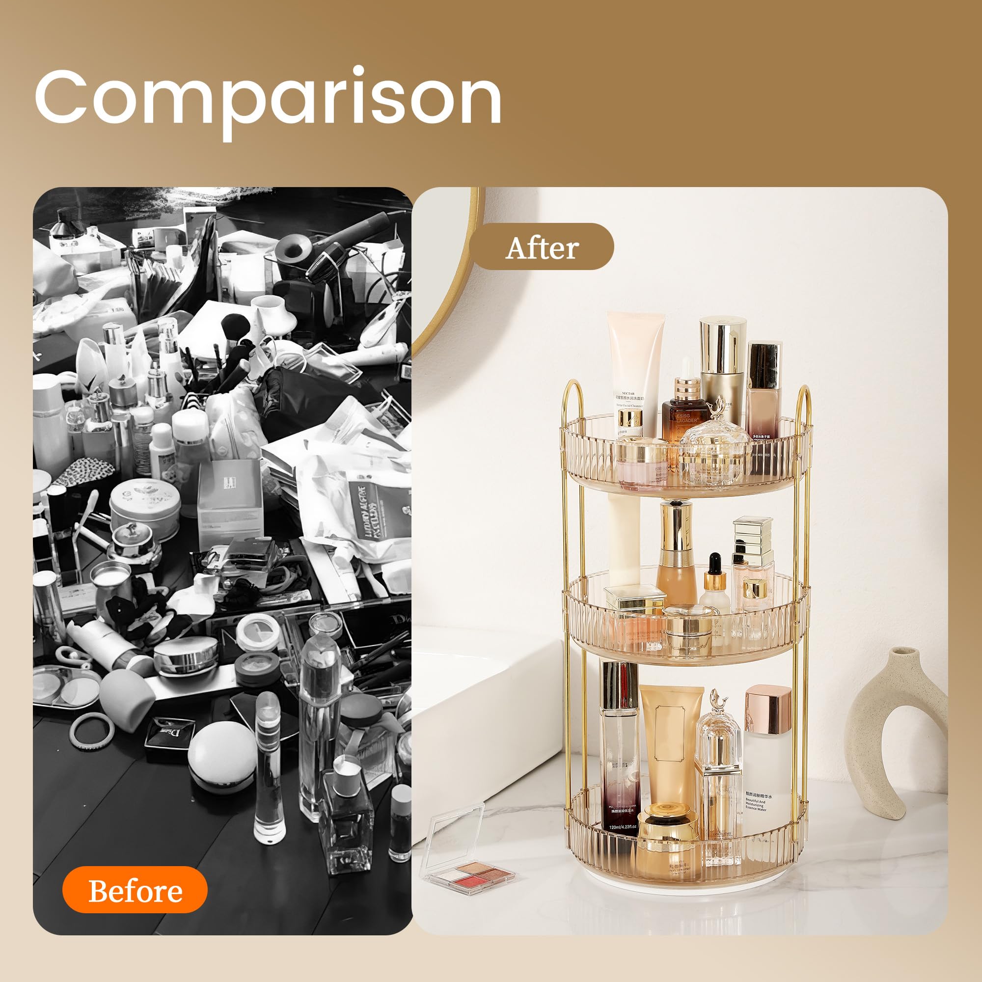 Aveniee organizer on bathroom counter in use with perfumes and skincare, improving countertop order