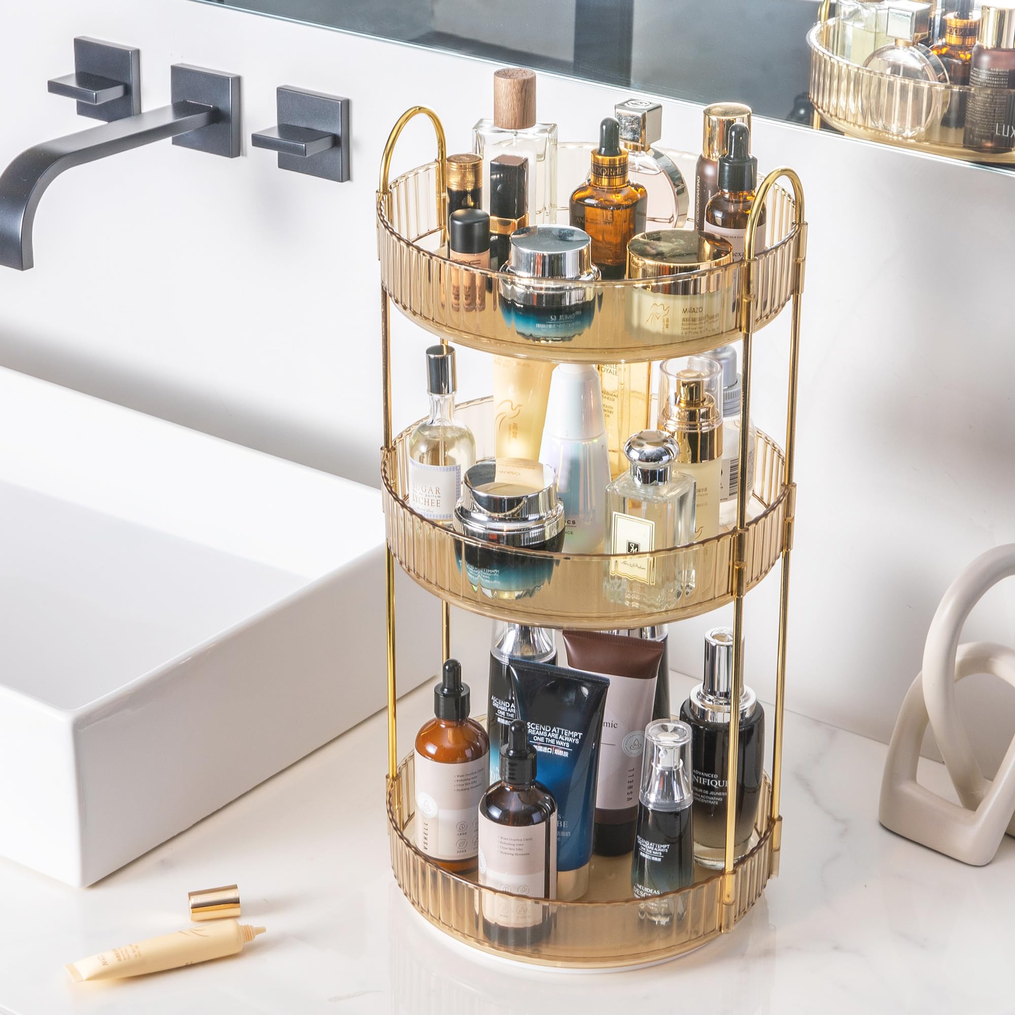 Aveniee organizer size comparison with perfume bottles showing tier capacity and scale