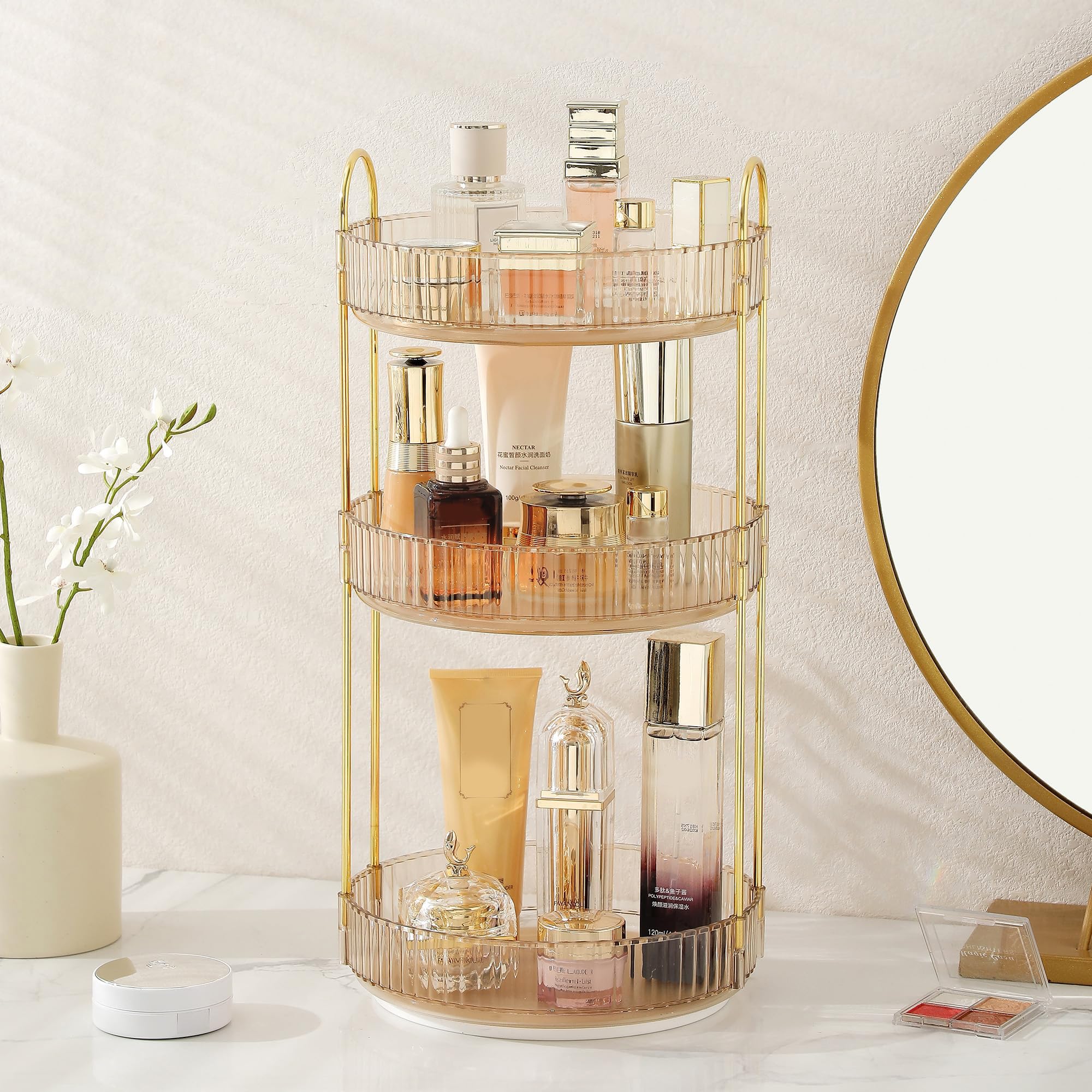 Aveniee rotating organizer front view in gold showing tidy cosmetic display and easy access