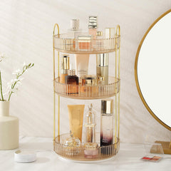 Aveniee rotating organizer front view in gold showing tidy cosmetic display and easy access