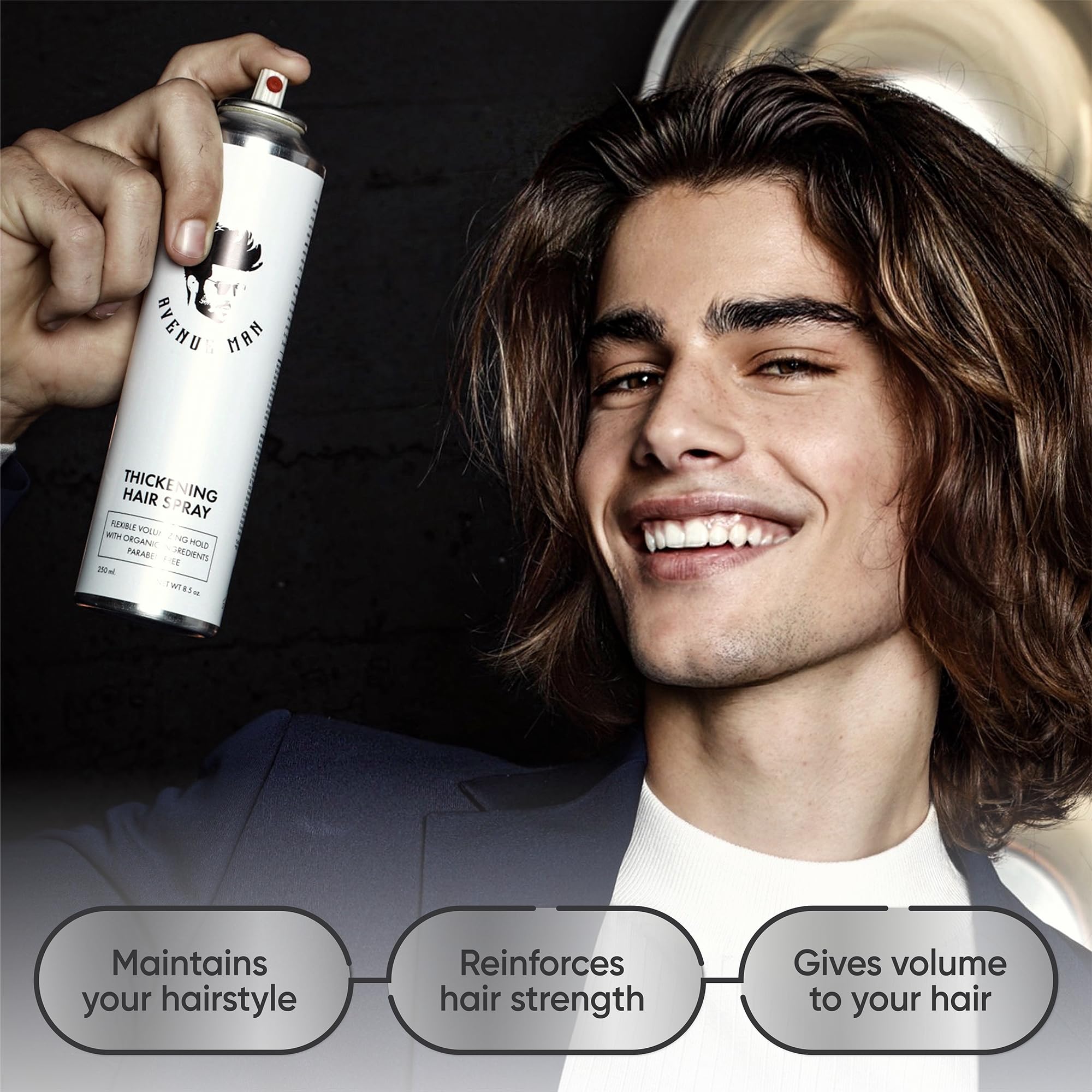 Avenue Man being sprayed on damp hair for root lift and styling benefit