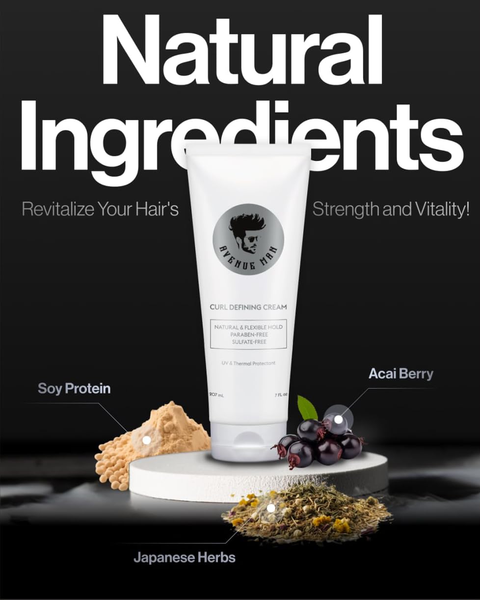 Avenue Man ingredients display with acai and keratin highlighting nourishment