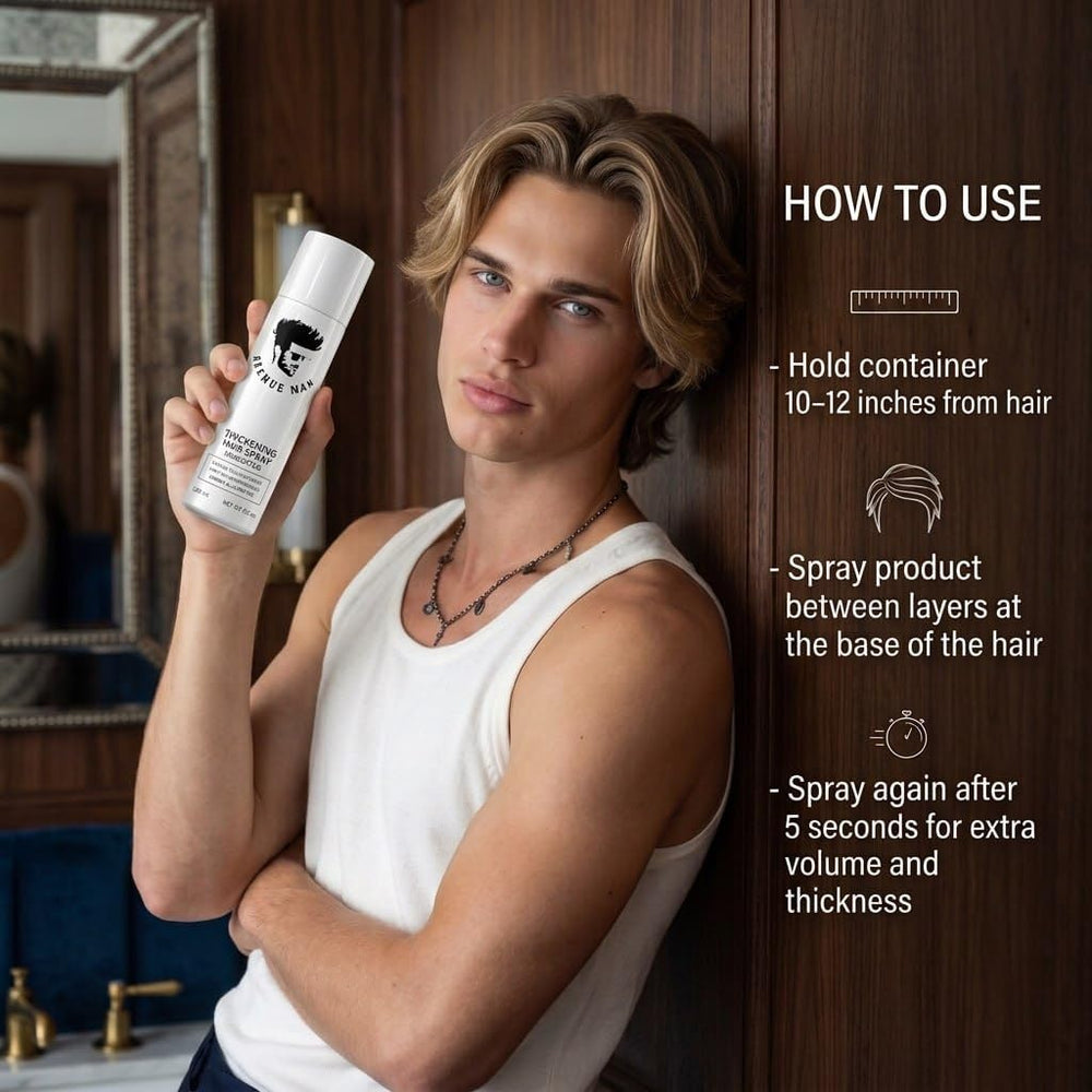 Avenue Man spray in use creating lift at roots for fuller style benefit