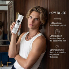 Avenue Man spray in use creating lift at roots for fuller style benefit
