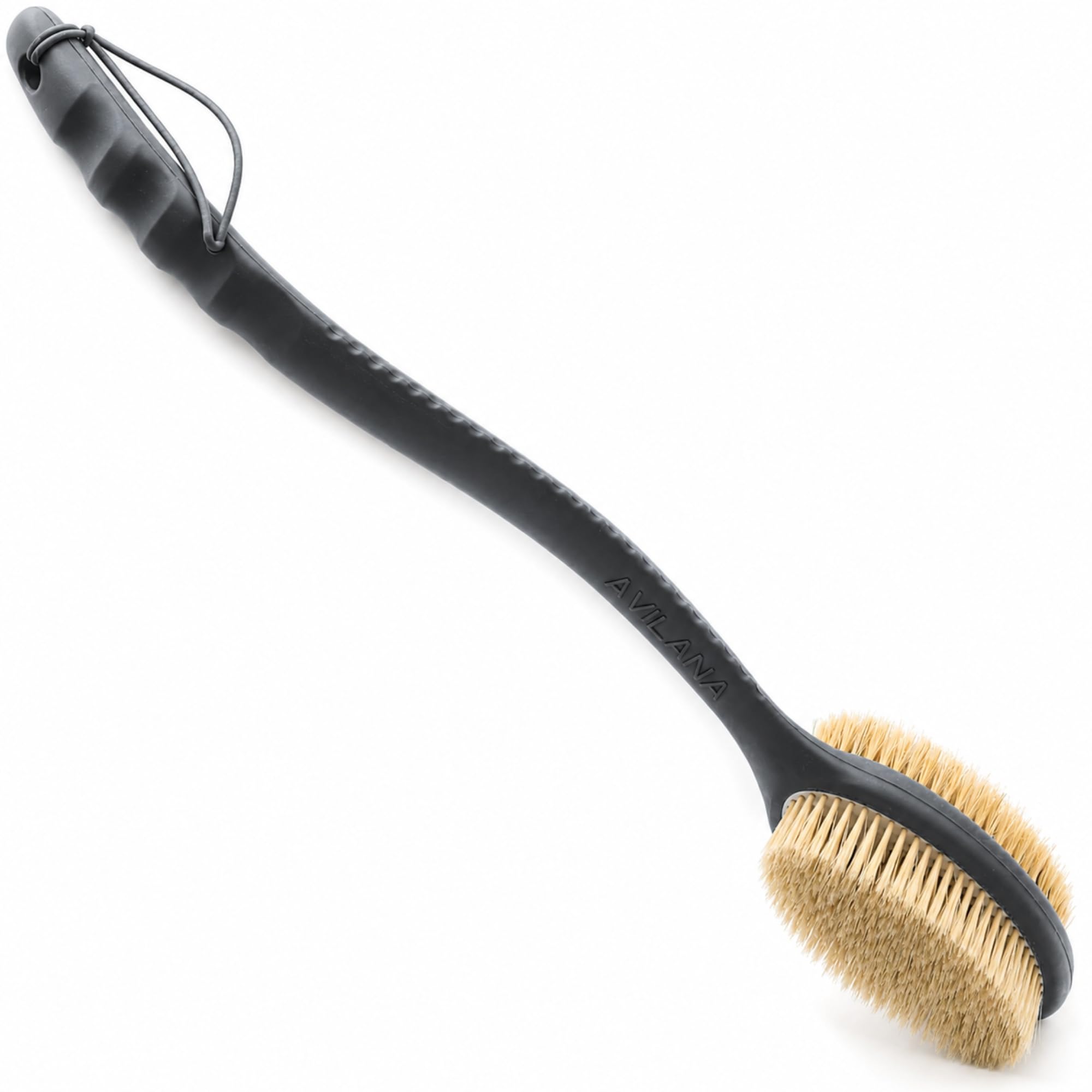 Avilana front view of long-handle body brush showing full length and curve benefit