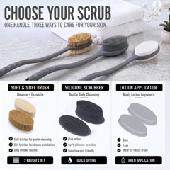 Avilana brush in shower reaching upper back for easier hard-to-reach cleansing