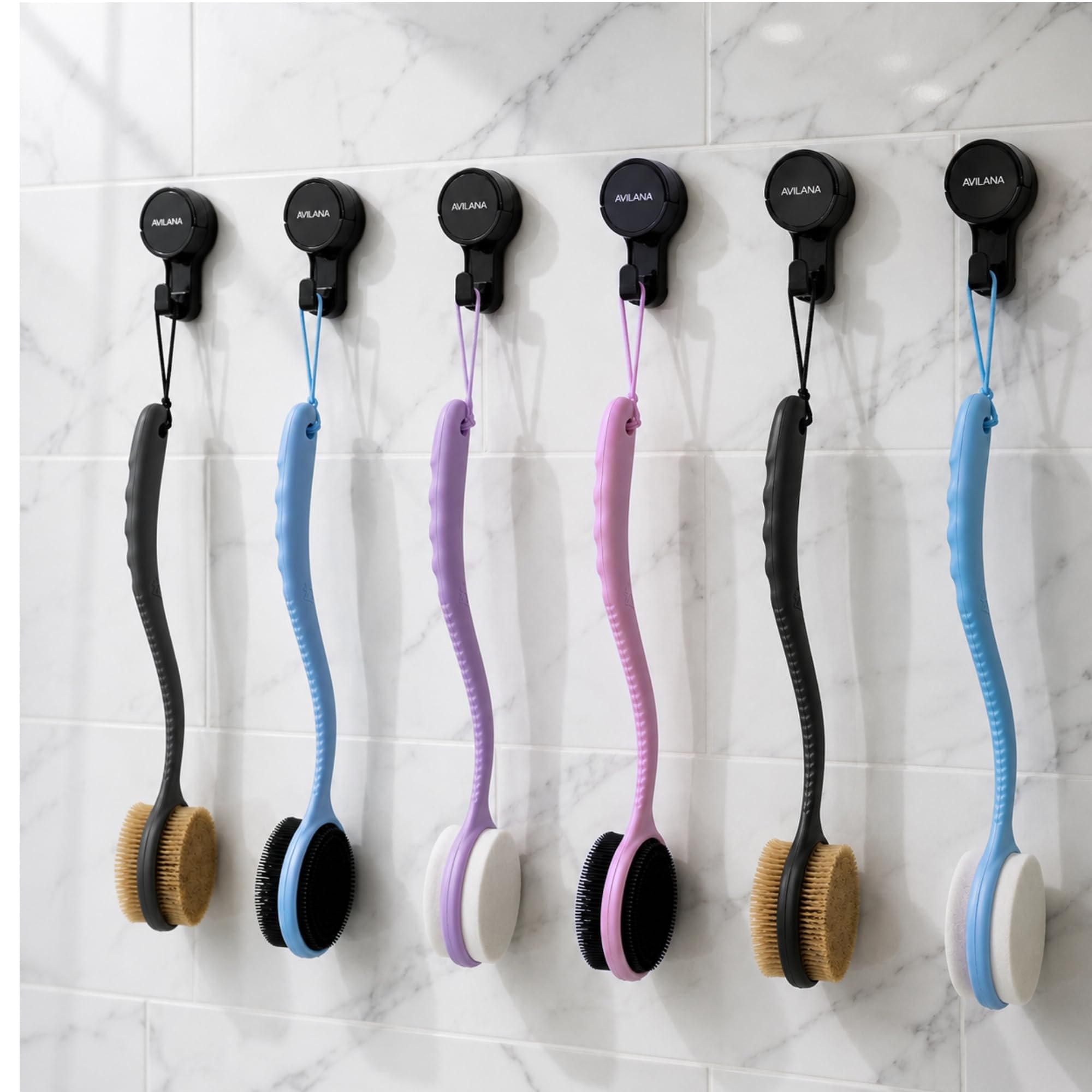 Avilana brush being used on legs and feet showing comfortable extended reach benefit