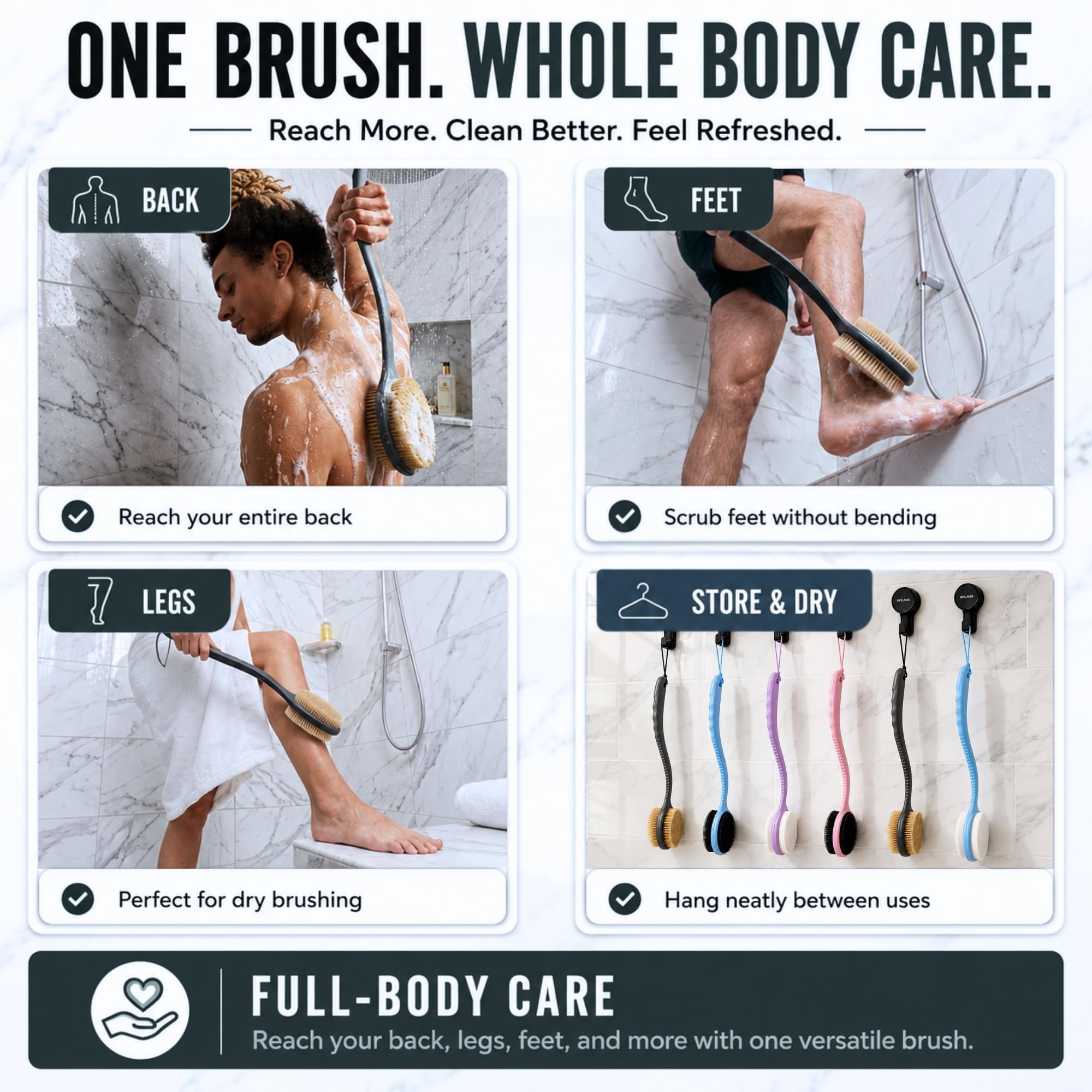 Avilana brush hanging in bathroom showing tidy storage and fast drying benefit