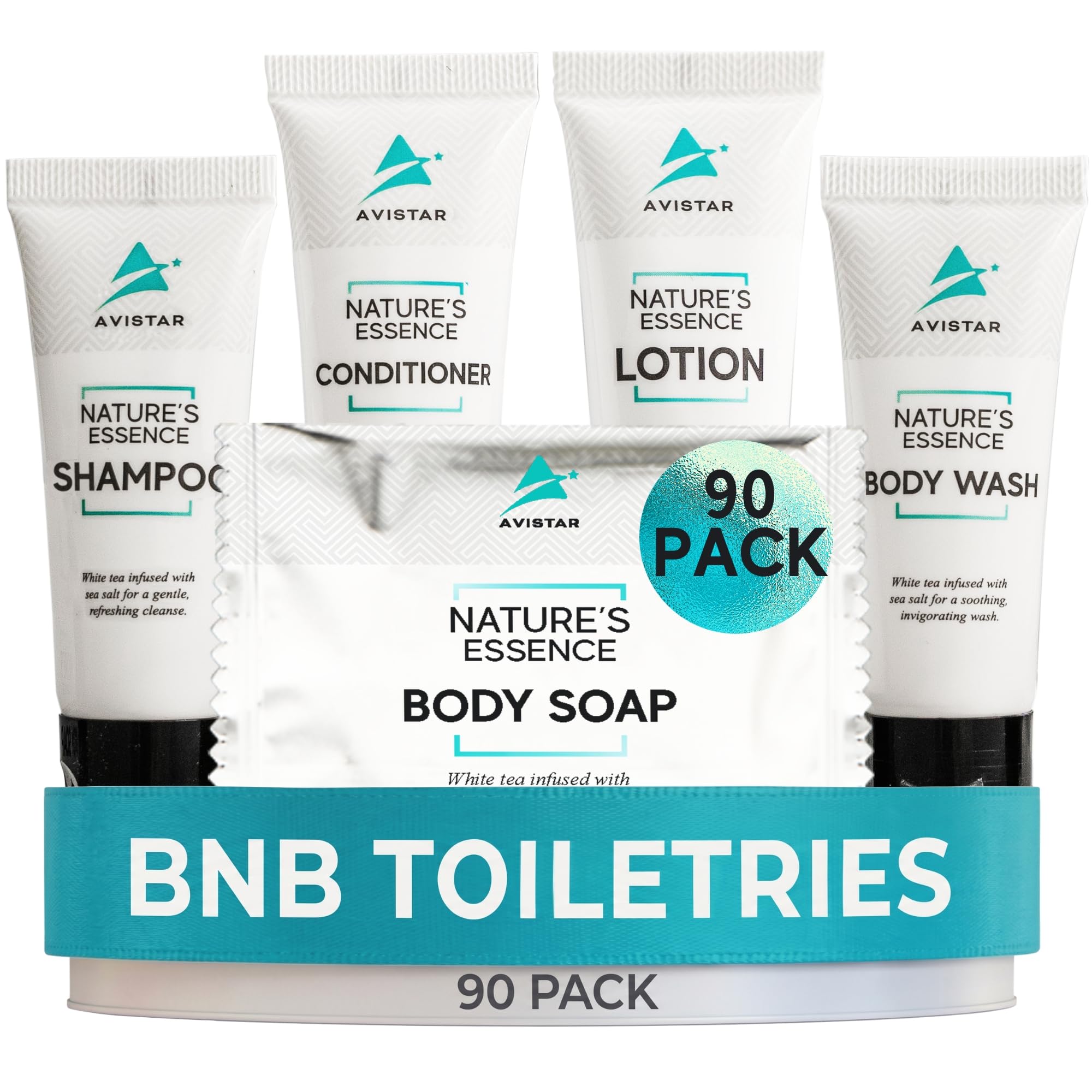Avistar front packaging group showing all travel-size toiletries and tidy presentation