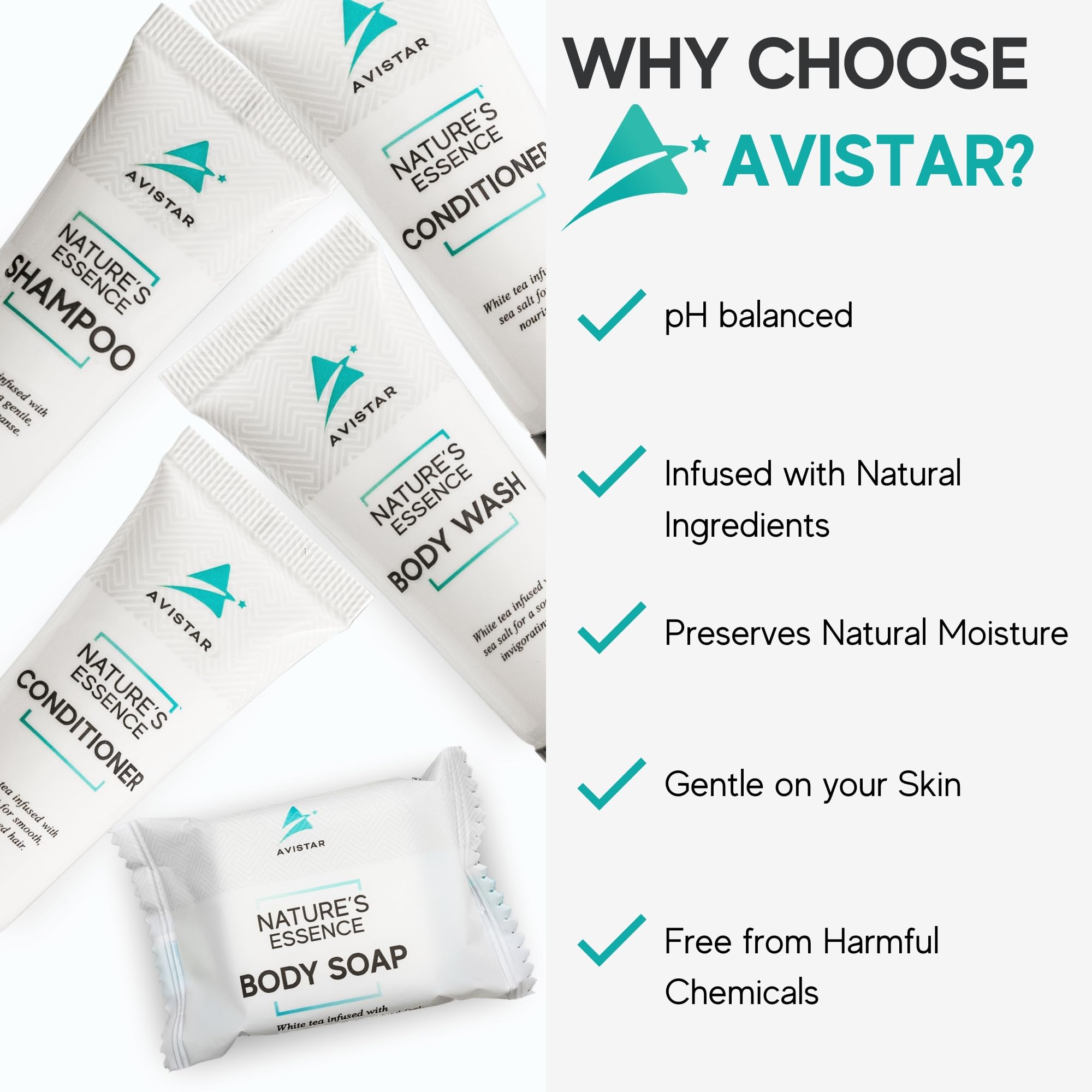 Avistar hand holding travel-size bottle illustrating easy guest use and convenience