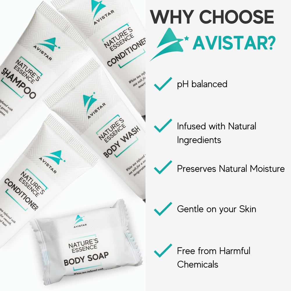 Avistar hand holding travel-size bottle illustrating easy guest use and convenience