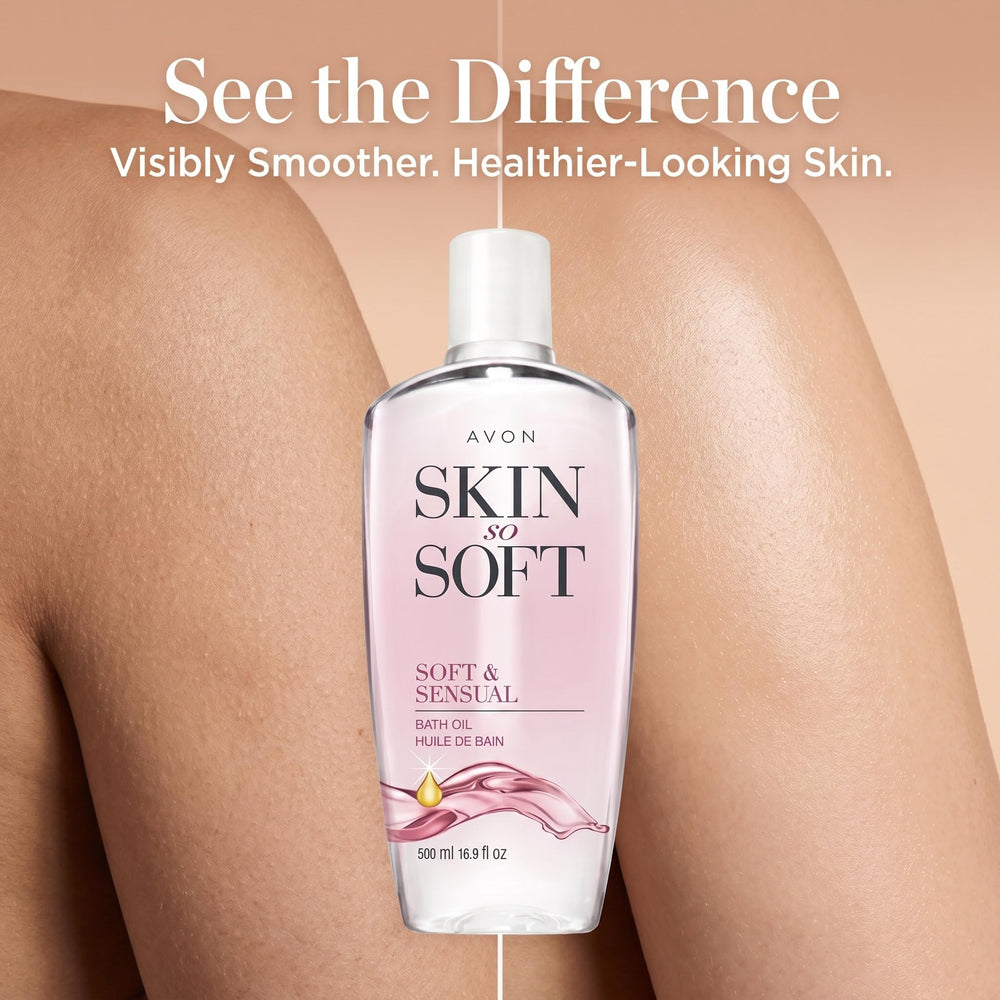 AVON bath oil being poured into tub demonstrating rich soak benefit