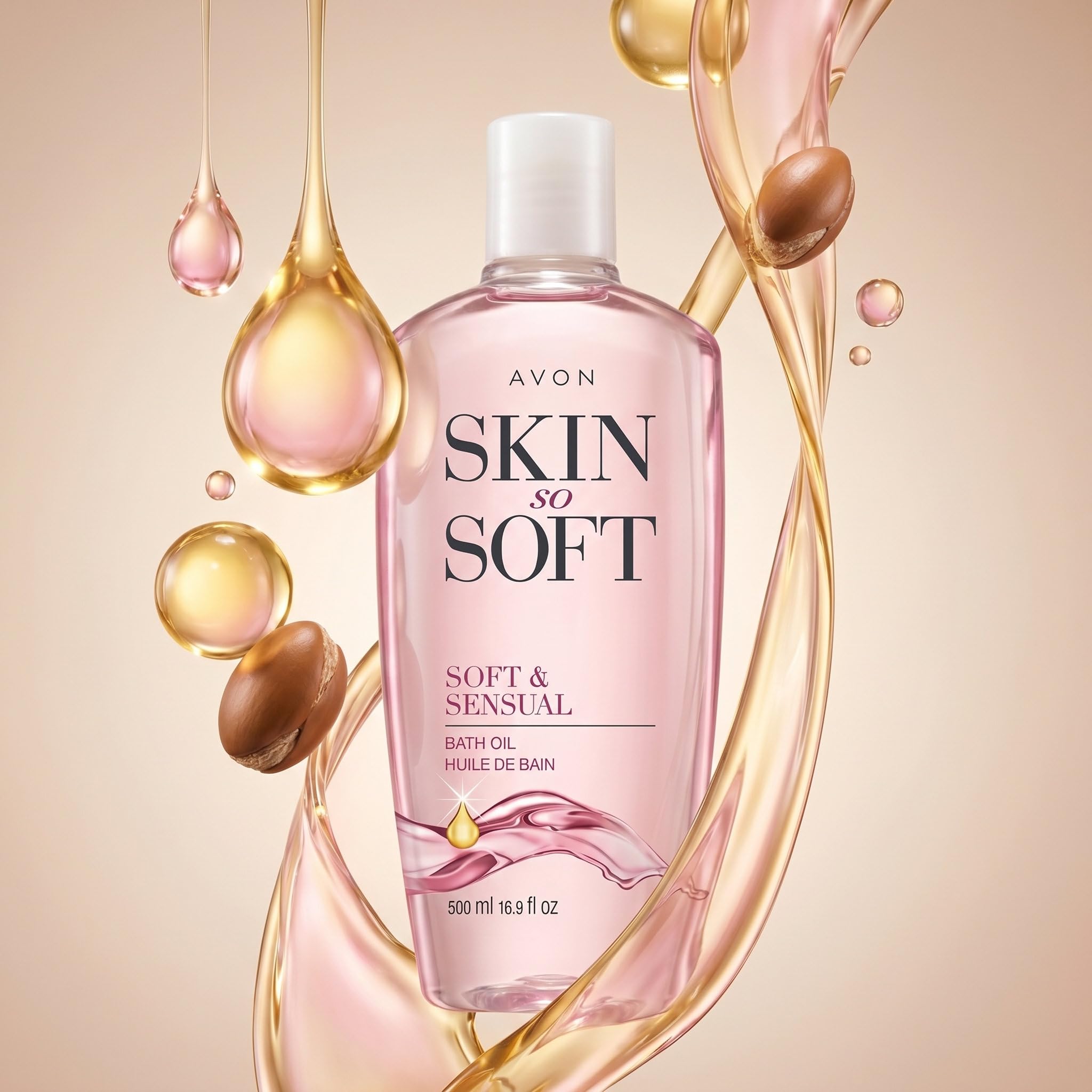 AVON bottle next to hand for size comparison and generous serving benefit