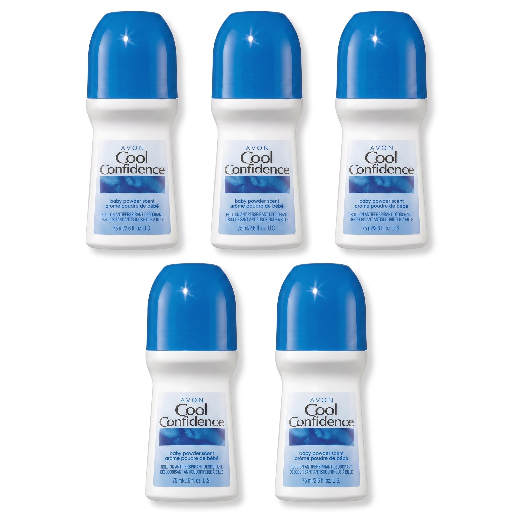 AVON roll-on front packaging showing five travel-size bottles and scent benefit