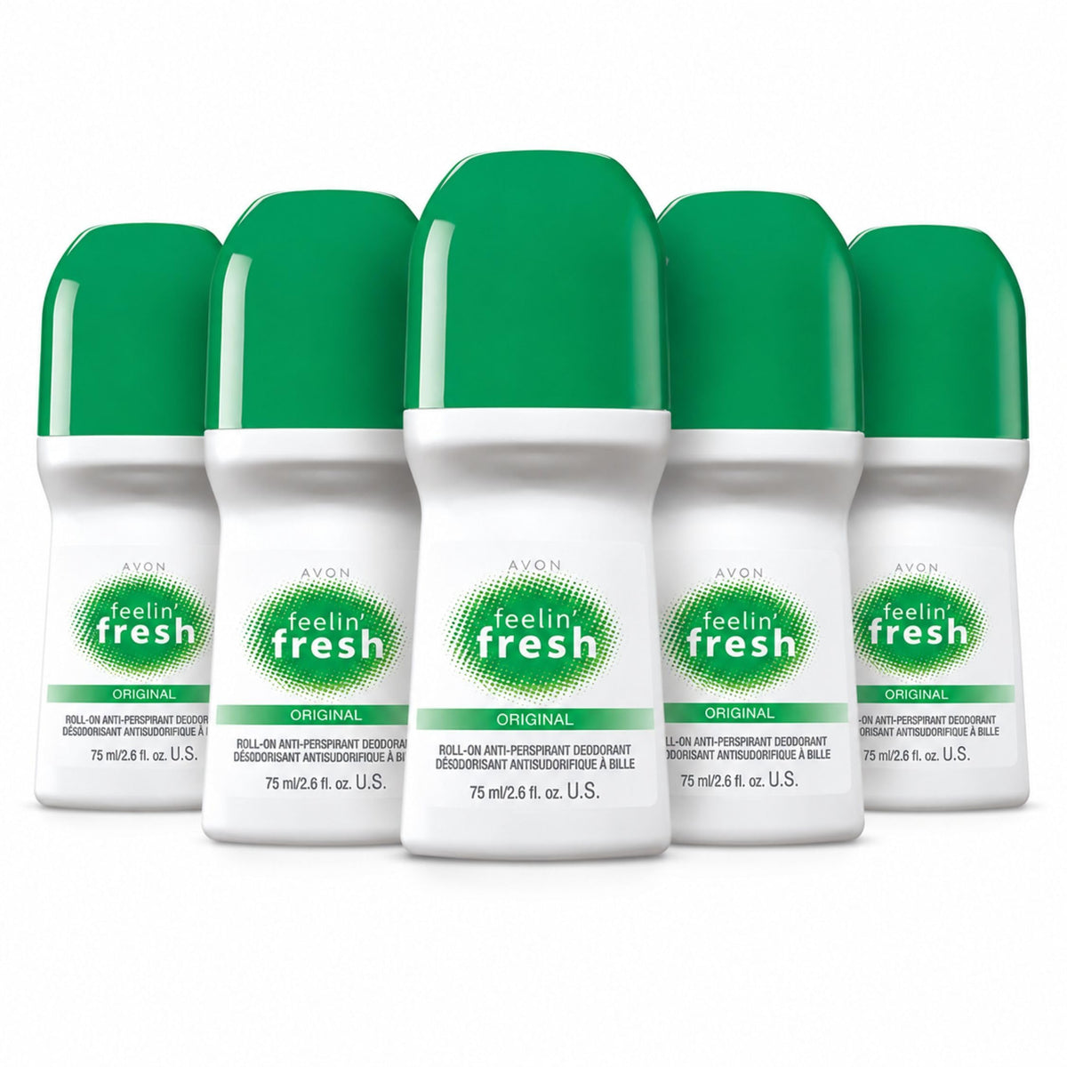 AVON front packaging showing five roll-on bottles for reliable value