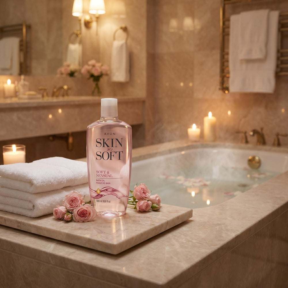 AVON lifestyle scene near bathtub suggesting relaxing self-care benefit