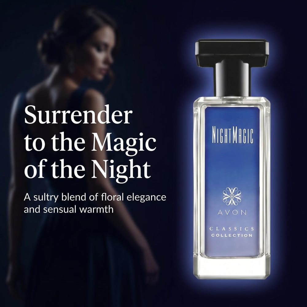 AVON Night Magic angled bottle highlighting shape and portable fragrance benefit