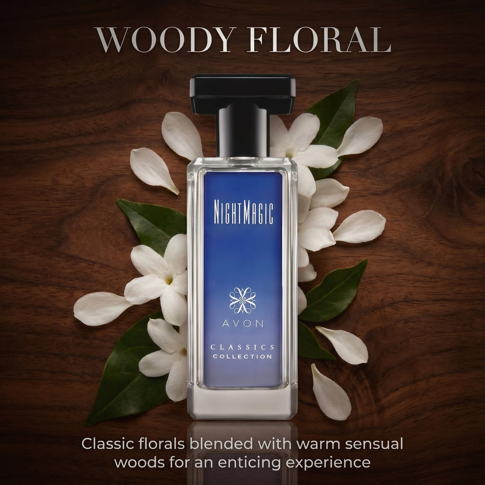 AVON Night Magic label detail revealing brand and classic perfume authenticity benefit