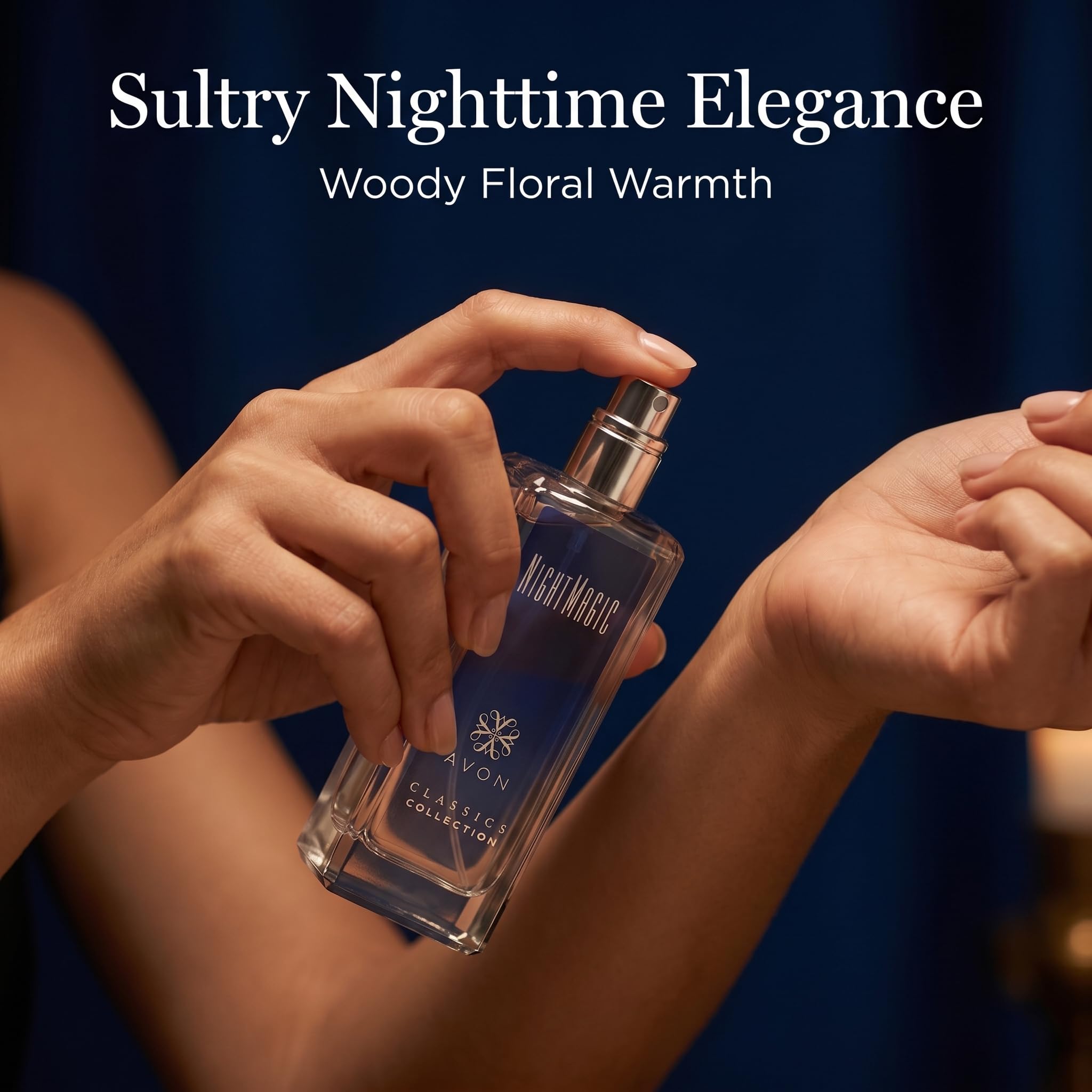AVON Night Magic on a dresser in evening setting showing mood-enhancing benefit