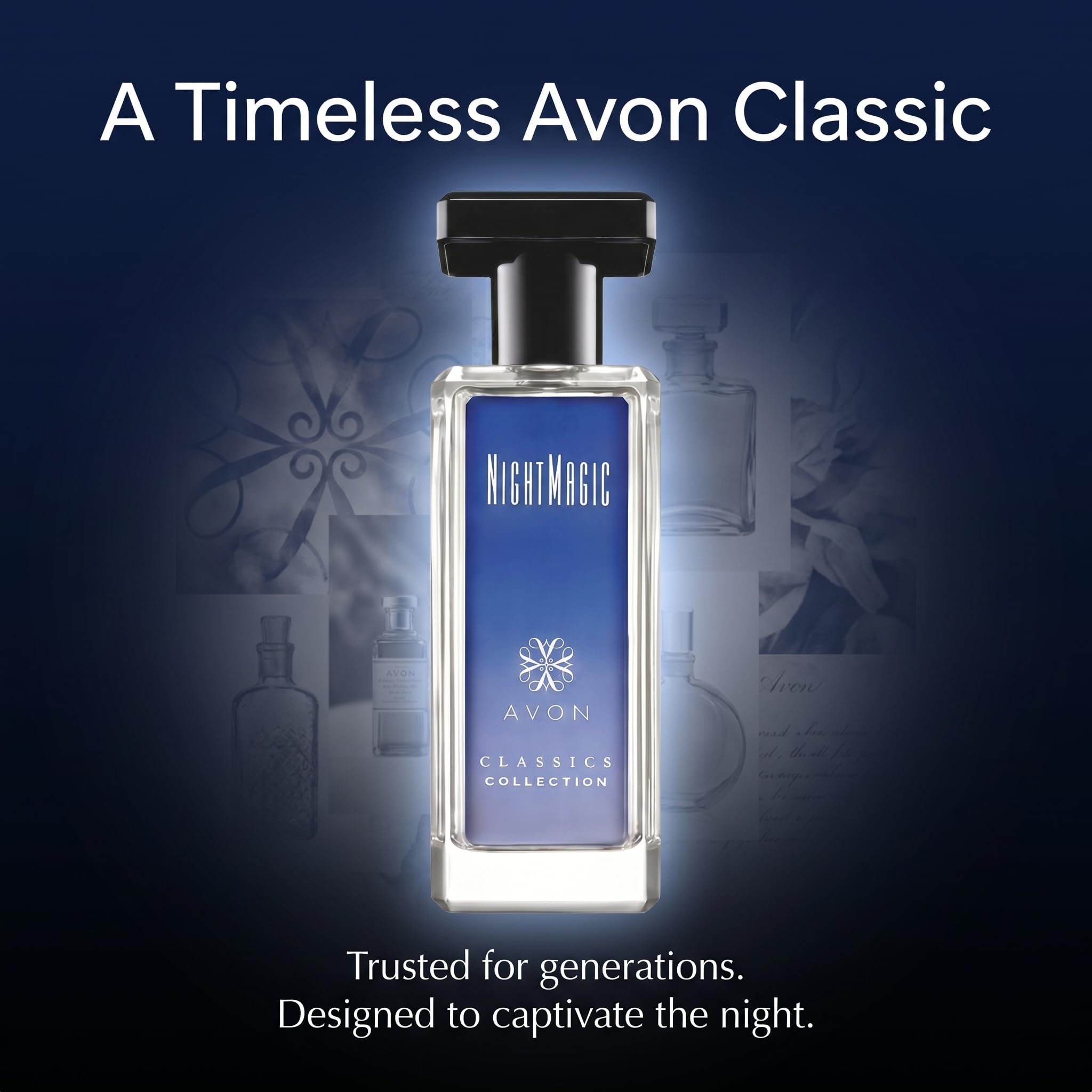 AVON Night Magic being sprayed illustrating application and long-lasting wear benefit