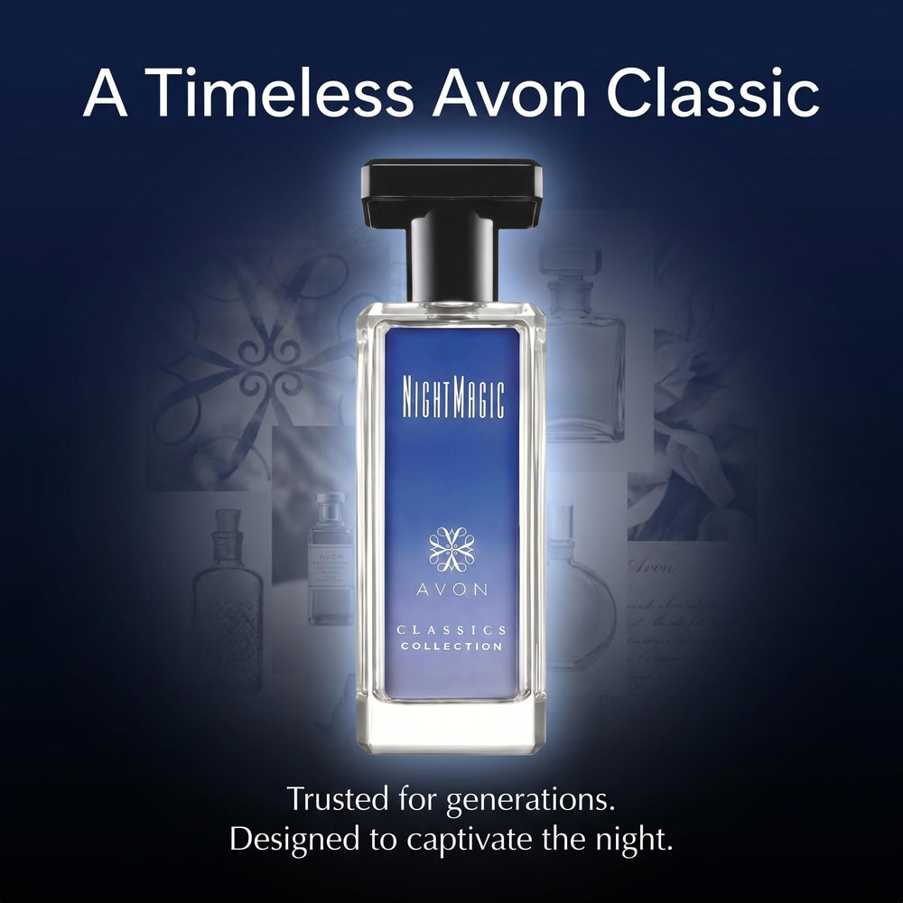 AVON Night Magic being sprayed illustrating application and long-lasting wear benefit