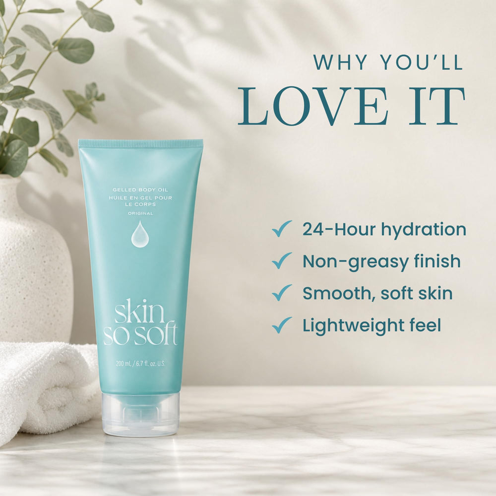 AVON Skin So Soft applied to hand demonstrating fast absorption benefit