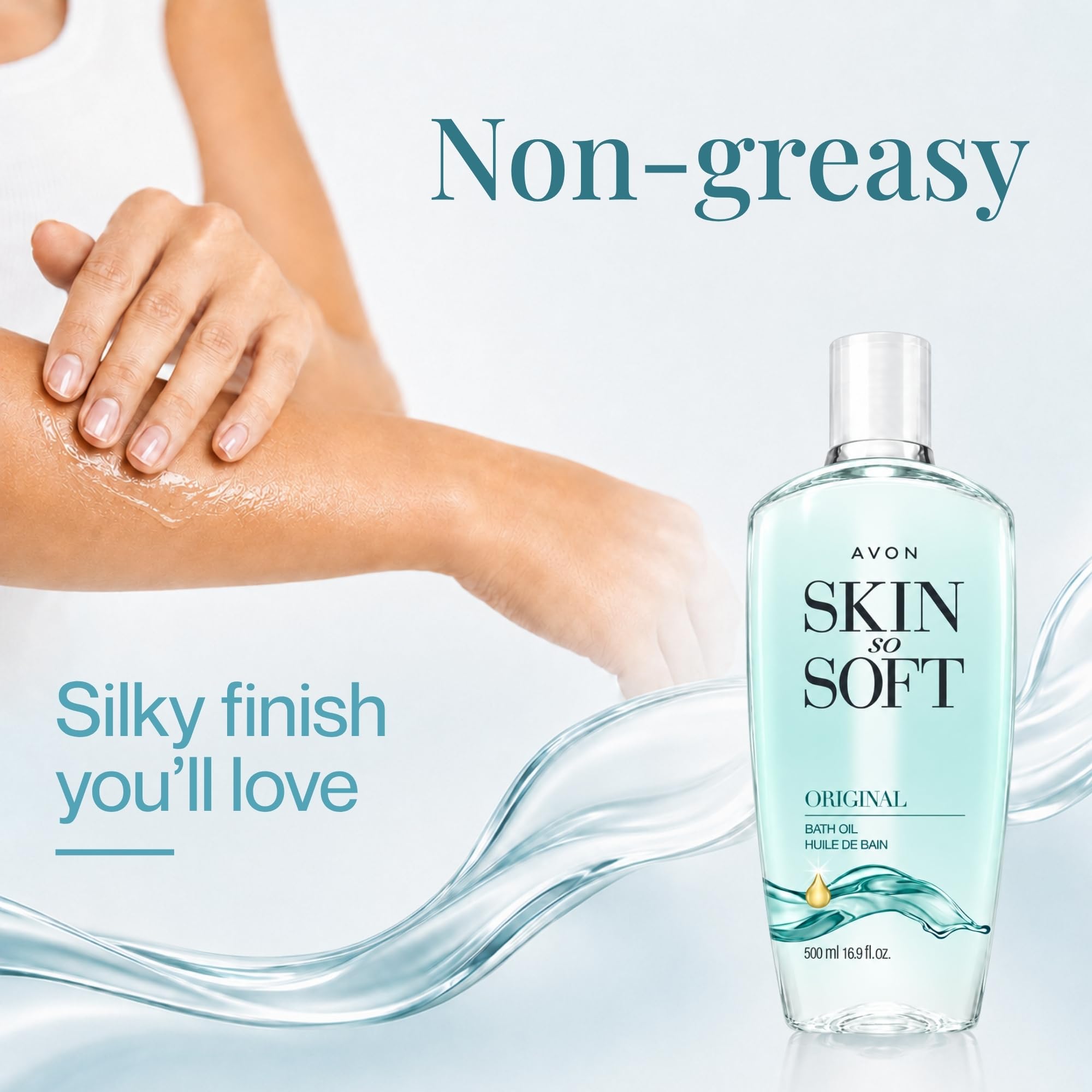 AVON applying oil to legs after shower showing silky finish and comfort