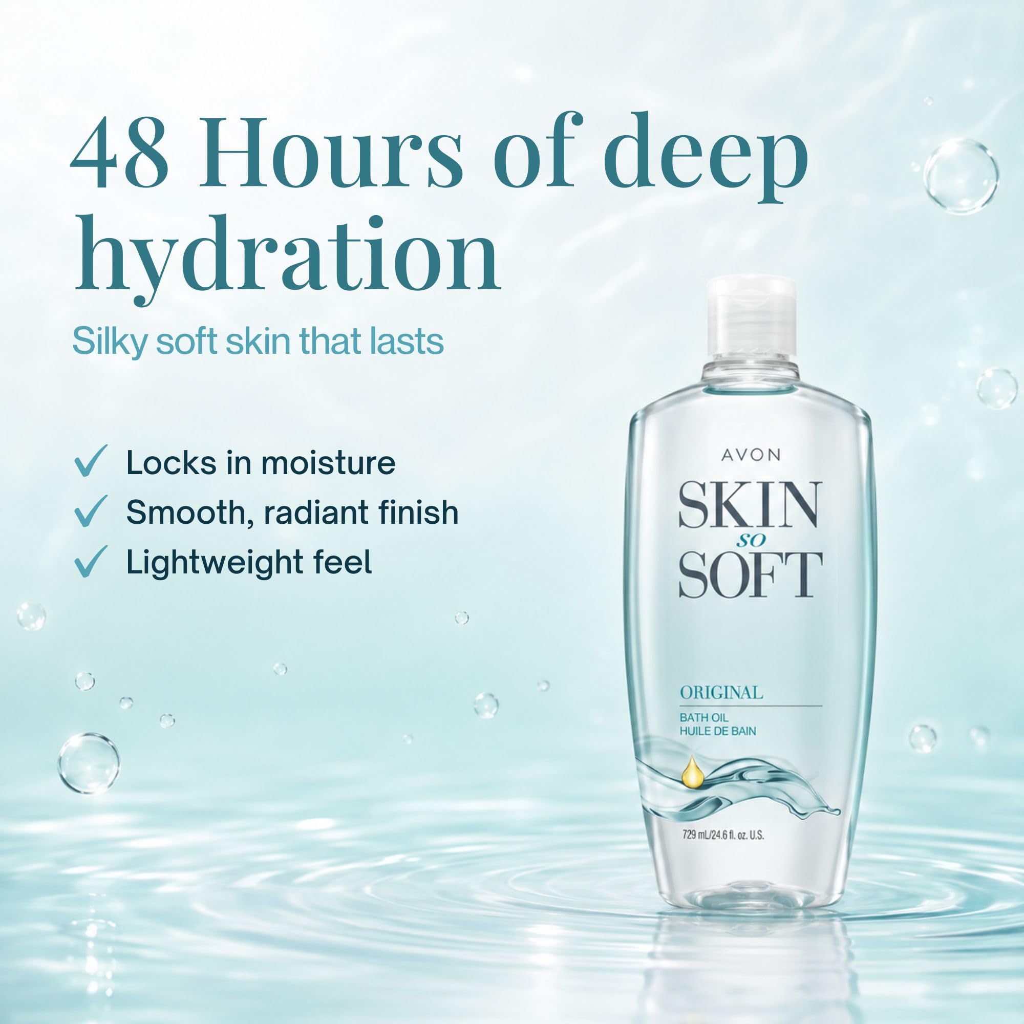 AVON Skin So Soft oil pouring from bottle, demonstrates easy bath measurement