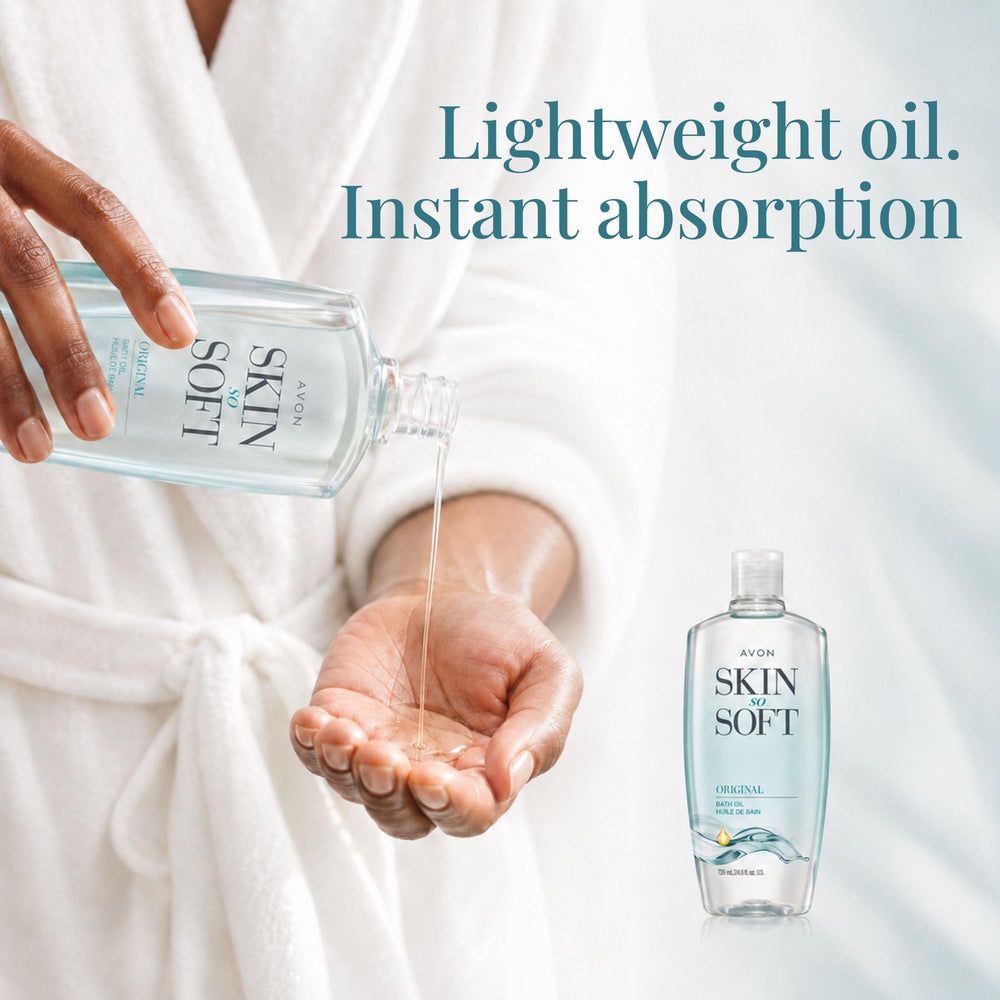 AVON Skin So Soft oil spread on skin, shows quick absorption and smooth finish