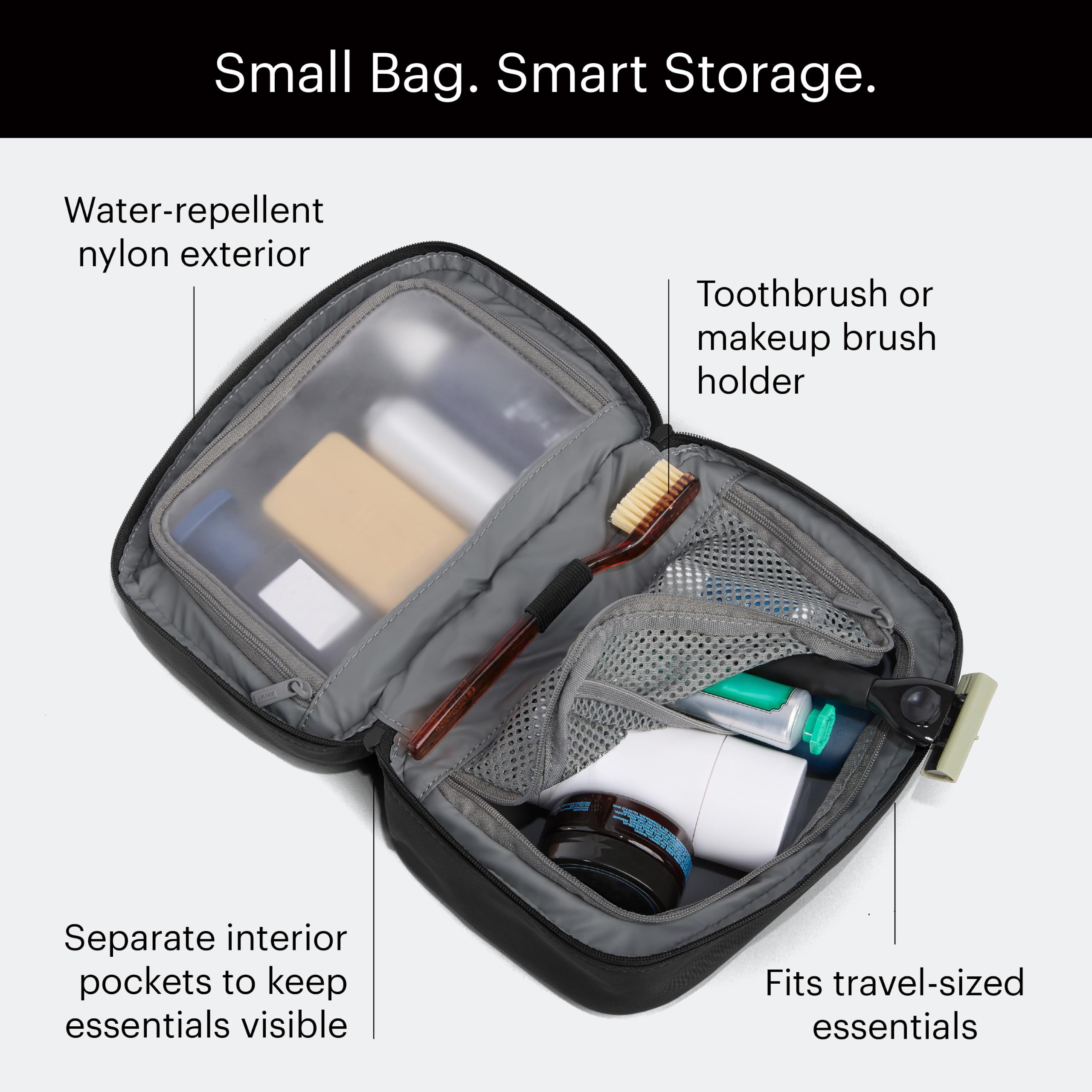 Away branded elastic loop holding toothbrush to prevent shifting benefit