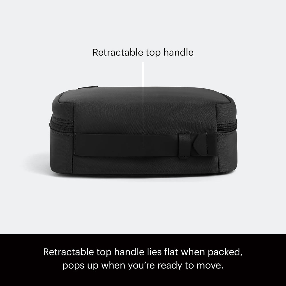 Away toiletry bag beside passport showing scale and carry‑on compatibility benefit