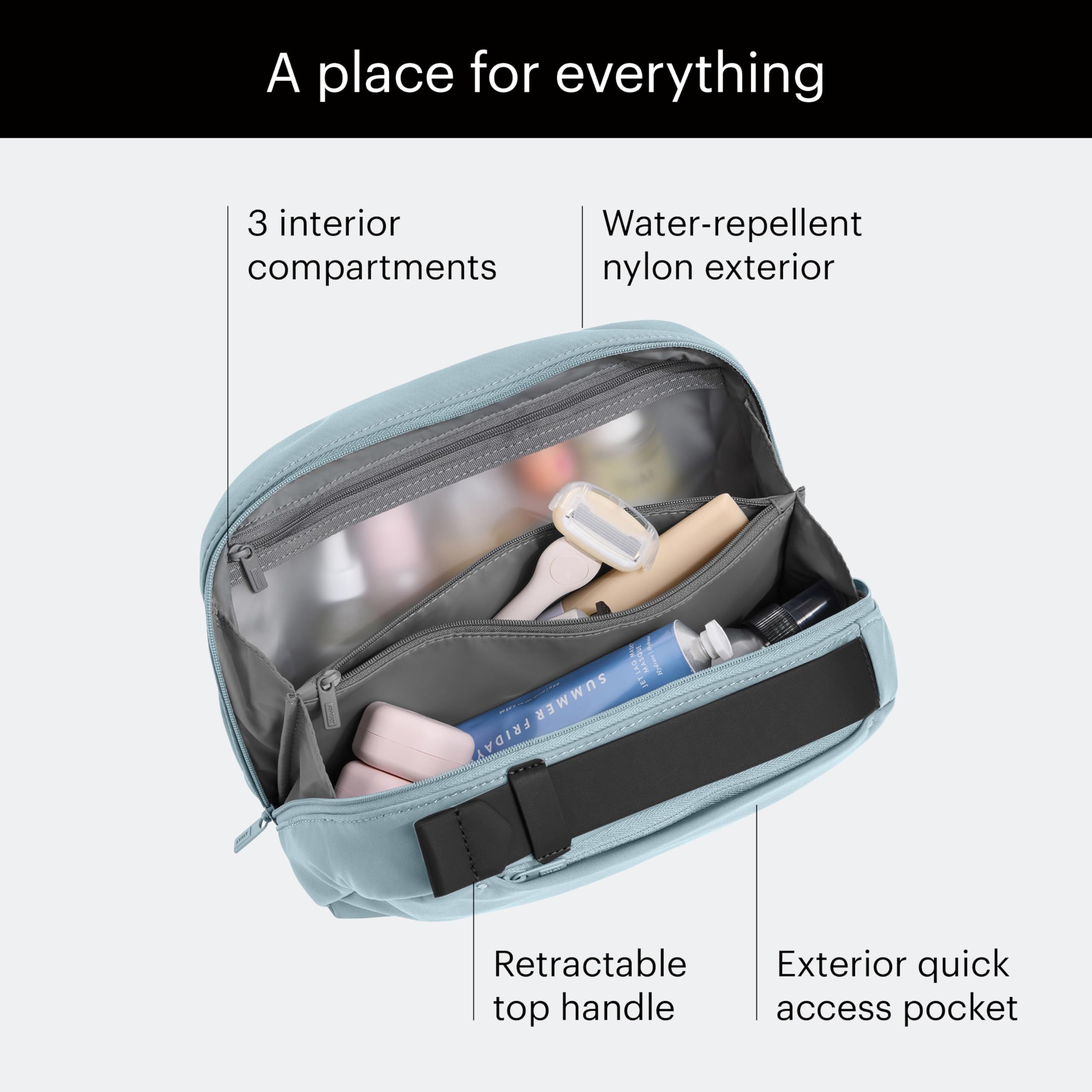 Away toiletry bag water-repellent nylon close-up showing protective finish and wipeability