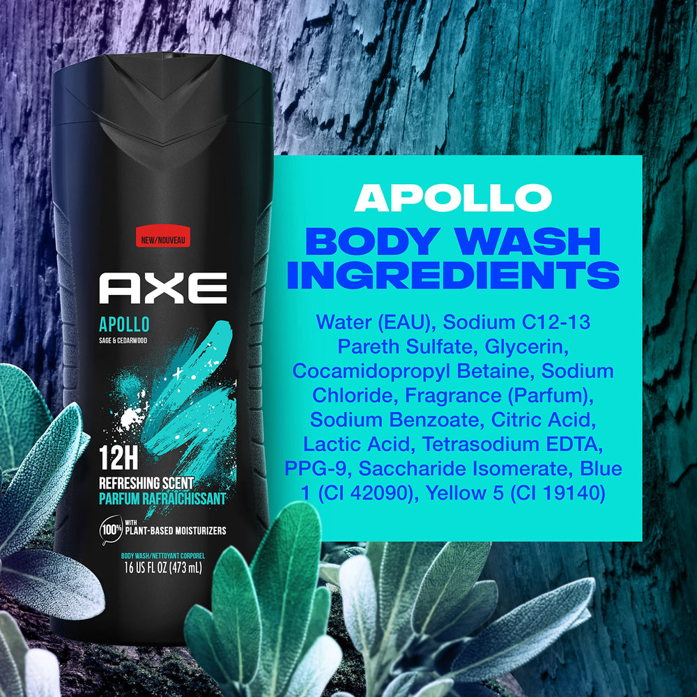 AXE Apollo four-pack group shot, emphasizes value and repeated freshness