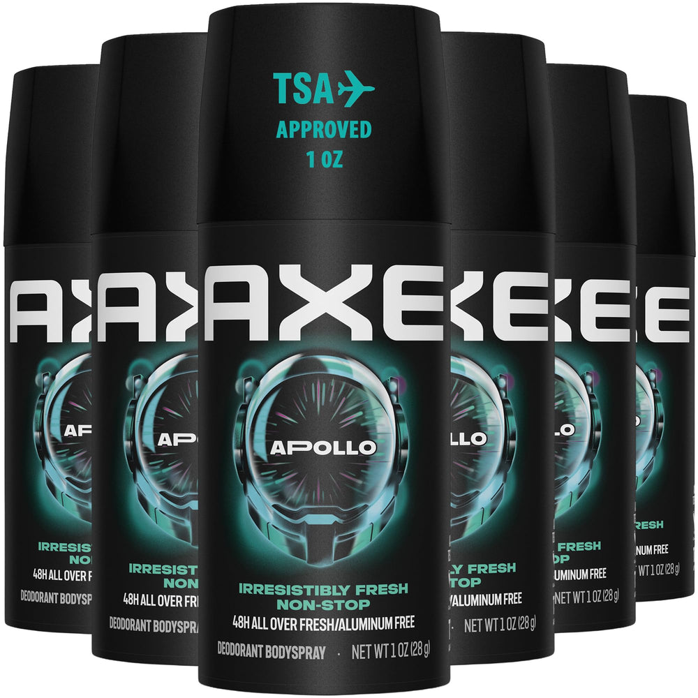 AXE Apollo front packaging showing six travel-size cans and bold branding for convenience