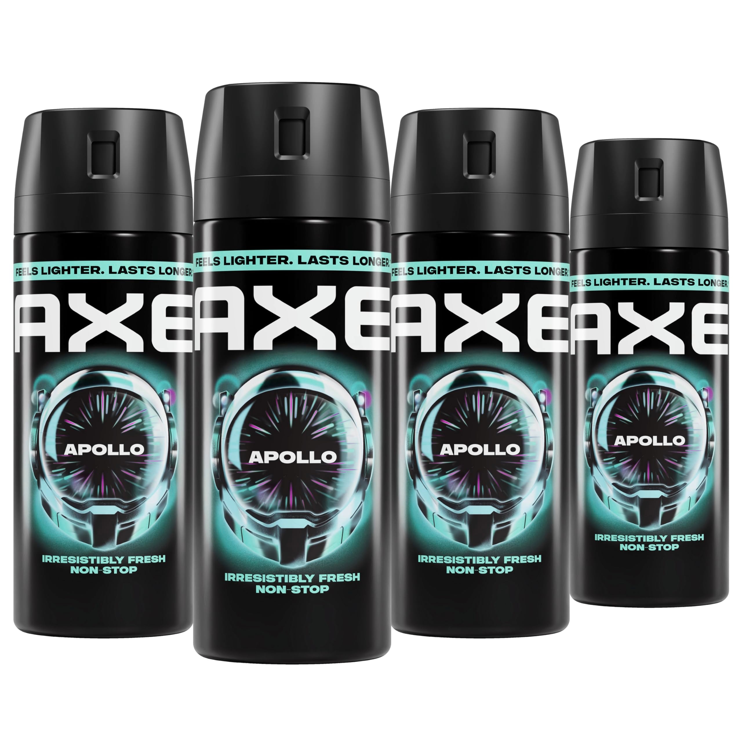 AXE Apollo front packaging showing four 2.9 oz cans and scent identity benefit