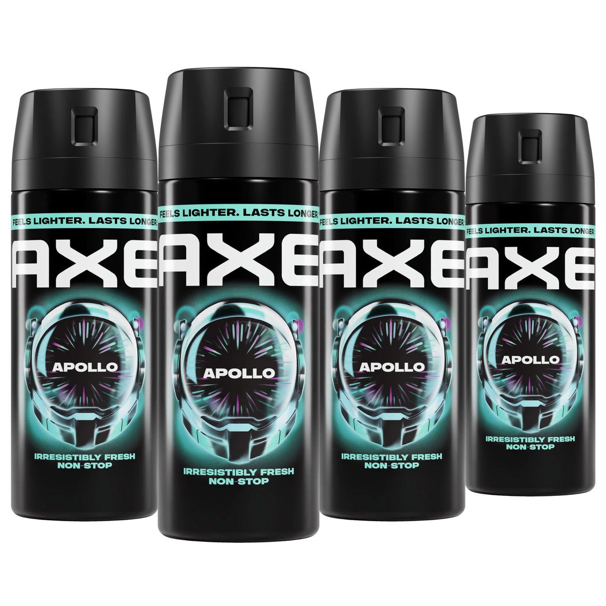 AXE Apollo front packaging showing four 2.9 oz cans and scent identity benefit