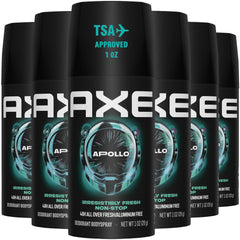 AXE Apollo front packaging showing six travel-size cans and bold branding for convenience