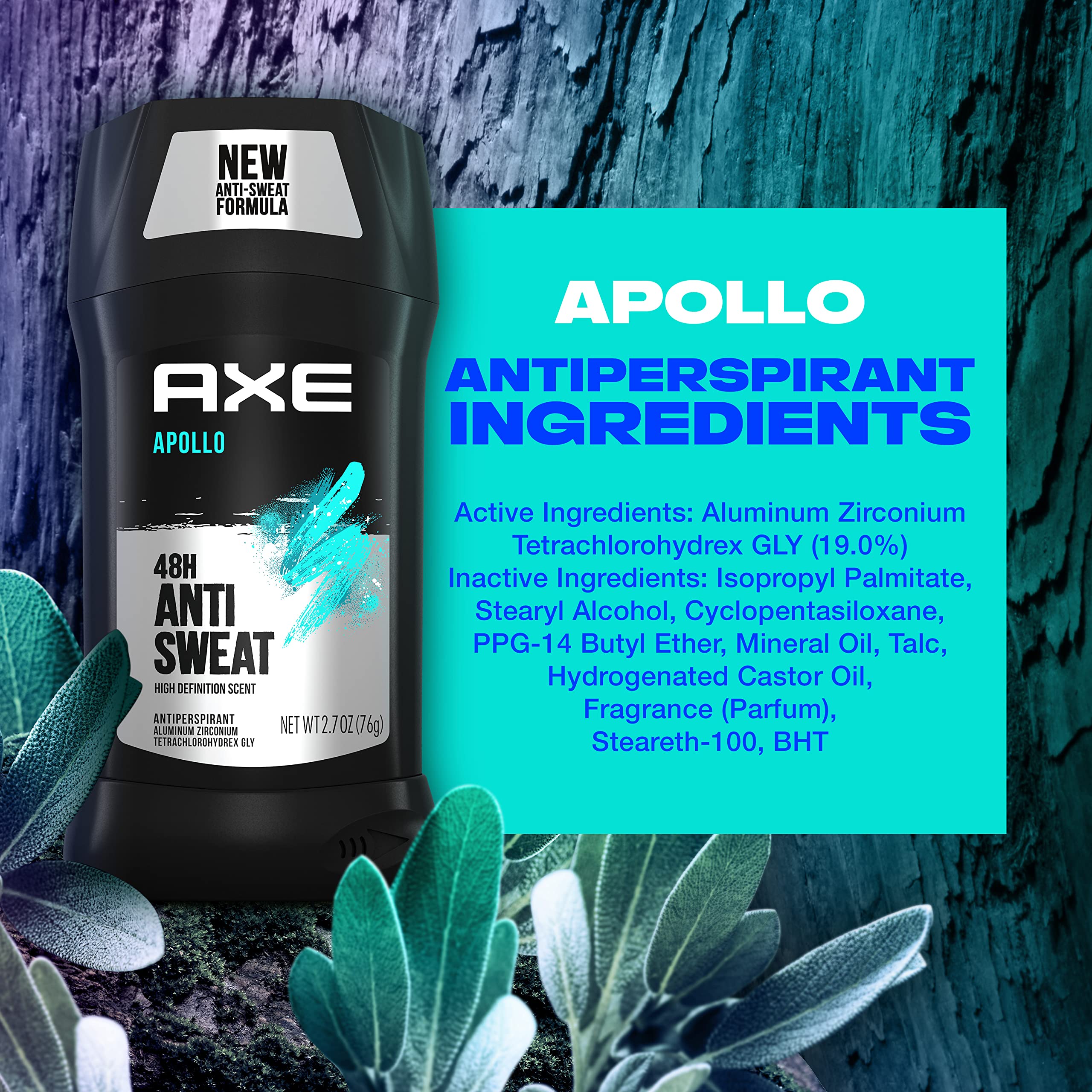 AXE Apollo with sage and cedar props evoking fresh woody scent